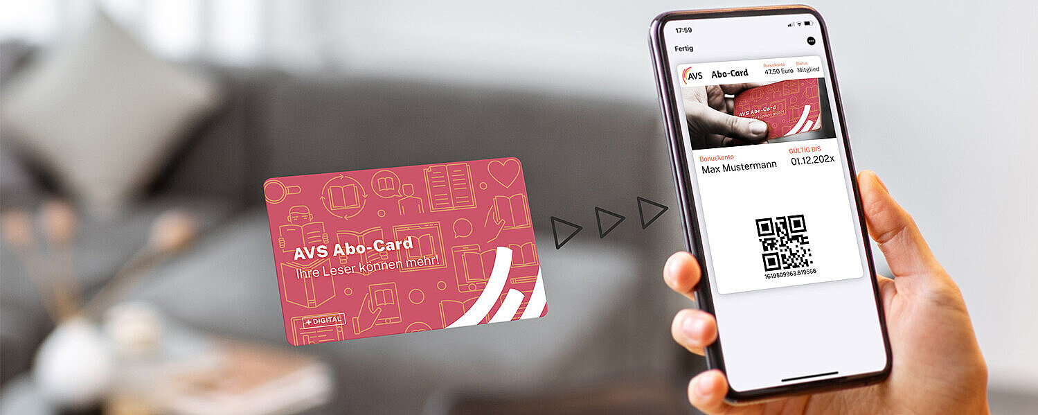Abbildung: Die AVS Abo-Card neben einem Smartphone, auf dem ein QR-Code zum Scannen angezeigt wird. 